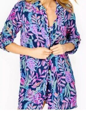 Lilly Pulitzer M Natalie Shirtdress Cover Up You've Been Spotted Oyster Bay Navy